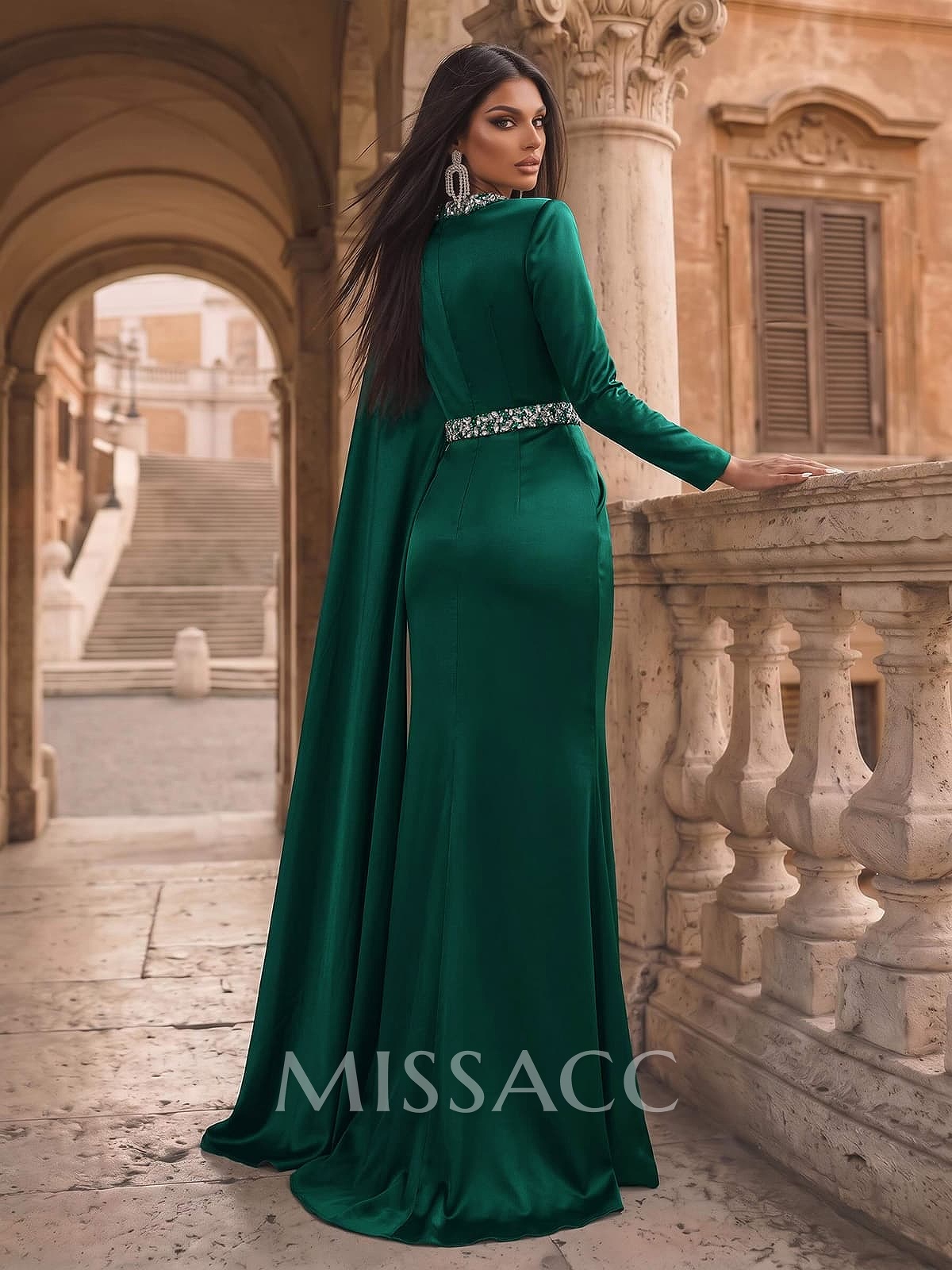 Luxury Scoop Neck Cape-Sleeve Silk Like Satin Evening Dresses With Sweeping Side Drape