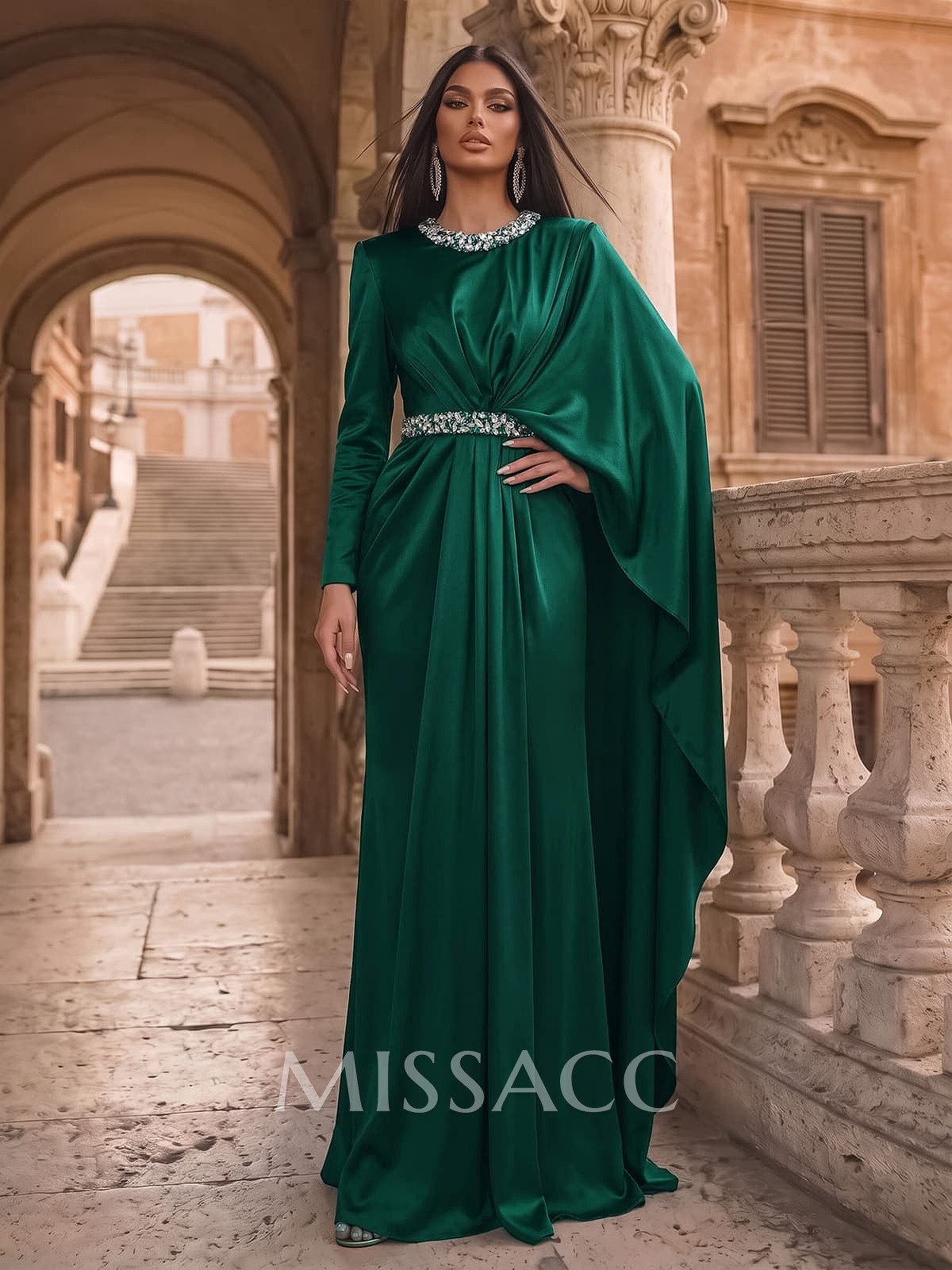 Luxury Scoop Neck Cape-Sleeve Silk Like Satin Evening Dresses With Sweeping Side Drape