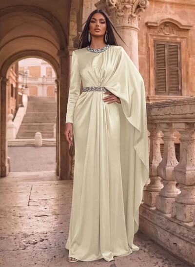 Luxury Scoop Neck Cape-Sleeve Silk Like Satin Evening Dresses With Sweeping Side Drape