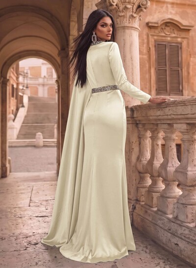 Luxury Scoop Neck Cape-Sleeve Silk Like Satin Evening Dresses With Sweeping Side Drape