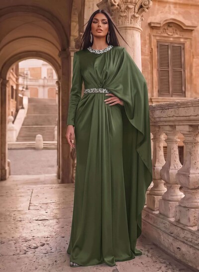 Luxury Scoop Neck Cape-Sleeve Silk Like Satin Evening Dresses With Sweeping Side Drape