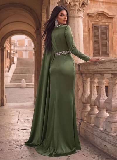 Luxury Scoop Neck Cape-Sleeve Silk Like Satin Evening Dresses With Sweeping Side Drape