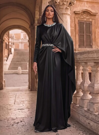 Luxury Scoop Neck Cape-Sleeve Silk Like Satin Evening Dresses With Sweeping Side Drape