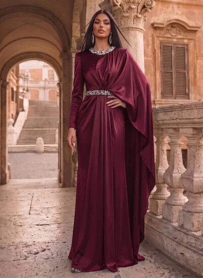 Luxury Scoop Neck Cape-Sleeve Silk Like Satin Evening Dresses With Sweeping Side Drape