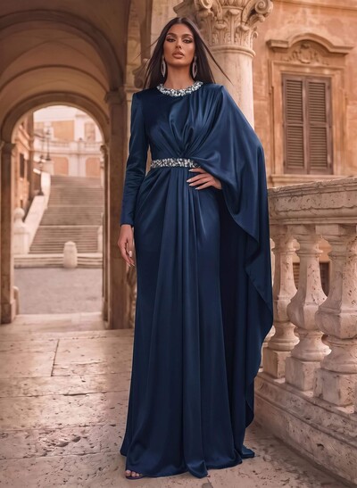 Luxury Scoop Neck Cape-Sleeve Silk Like Satin Evening Dresses With Sweeping Side Drape
