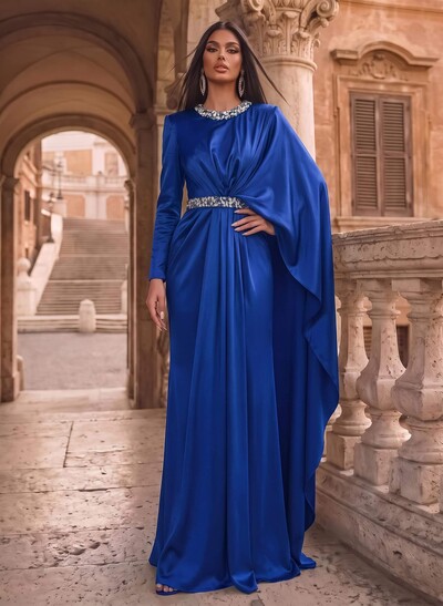Luxury Scoop Neck Cape-Sleeve Silk Like Satin Evening Dresses With Sweeping Side Drape