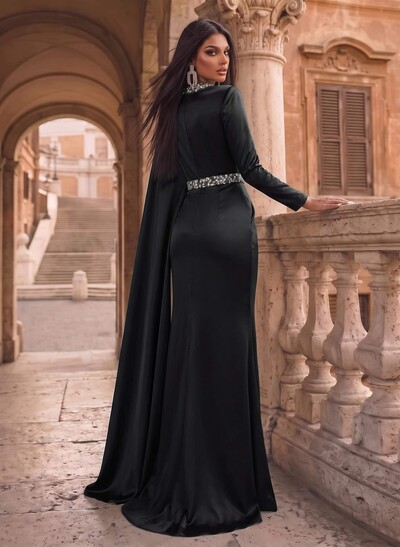 Luxury Scoop Neck Cape-Sleeve Silk Like Satin Evening Dresses With Sweeping Side Drape
