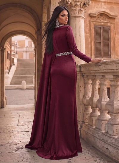 Luxury Scoop Neck Cape-Sleeve Silk Like Satin Evening Dresses With Sweeping Side Drape