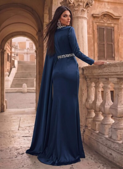 Luxury Scoop Neck Cape-Sleeve Silk Like Satin Evening Dresses With Sweeping Side Drape