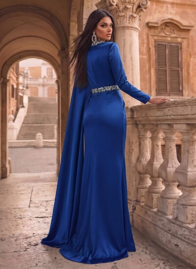 Luxury Scoop Neck Cape-Sleeve Silk Like Satin Evening Dresses With Sweeping Side Drape
