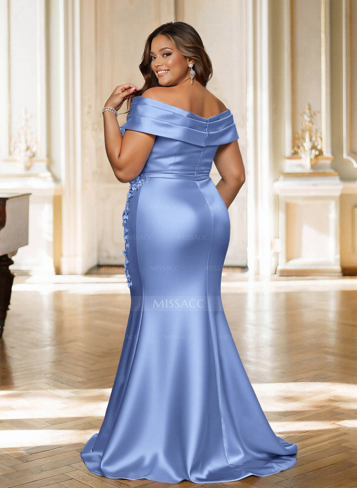 Seductive Trumpet Off-The-Shoulder Satin Evening Dresses With 3D Floral