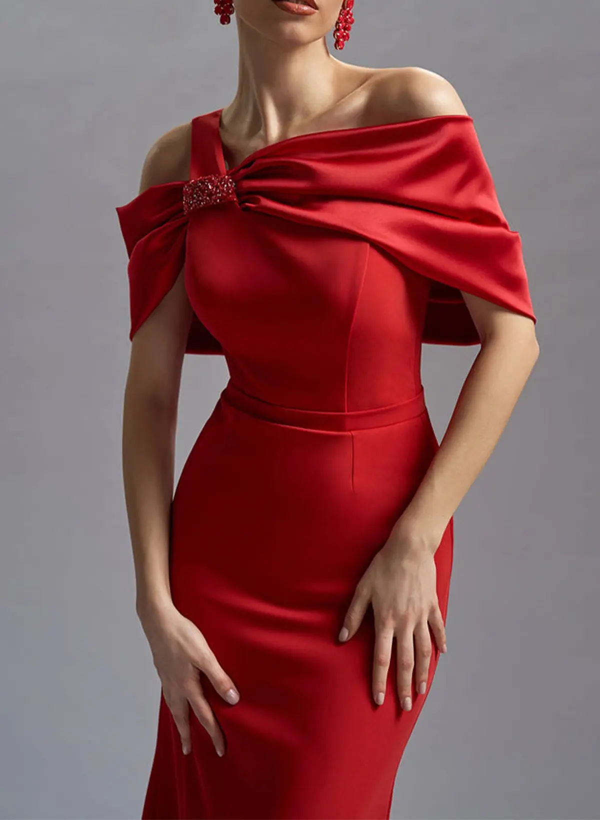 Missacc Red Evening Dresses Modest Bow Accented Wrap Off Shoulder Acetate Satin Evening Dresses