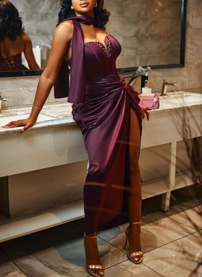 Vintage Inspired Sweetheart Sleeveless Acetate Satin Evening Dresses With High Split