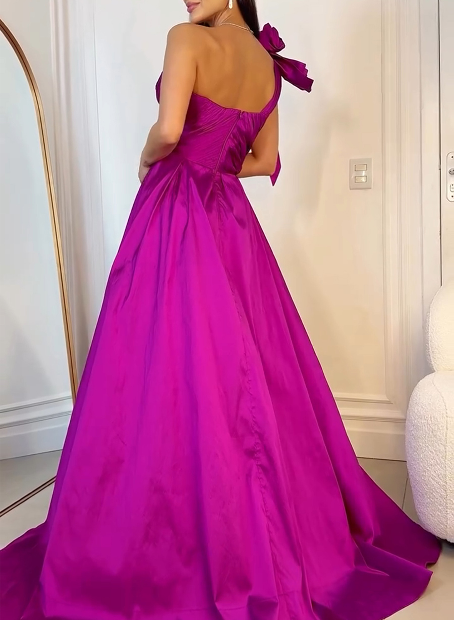 Elegant Bow(s) Flower(s) One-Shoulder High Split A-Line Taffeta Evening Dresses