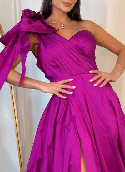 Elegant Bow(s) Flower(s) One-Shoulder High Split A-Line Taffeta Evening Dresses