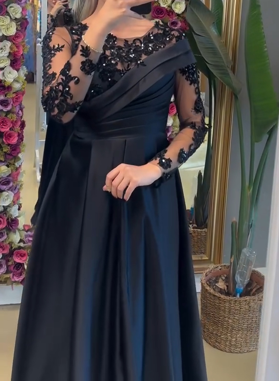 Elegant Sequins Lace Illusion Neck Long Sleeves A-Line Satin Evening Dresses