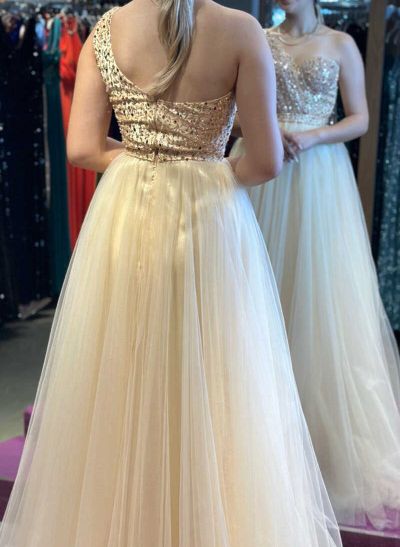 Sparkly One-Shoulder A-Line Floor-Length Tulle/Sequined Evening Dresses