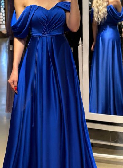 Elegant Off-The-Shoulder A-Line Sweep Train Satin Evening Dresses