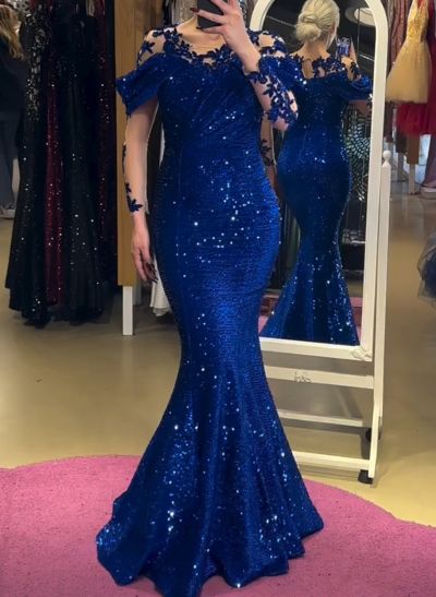 Sparkle Illusion Neck Long Sleeves Mermaid Floor-Length Sequined Evening Dresses