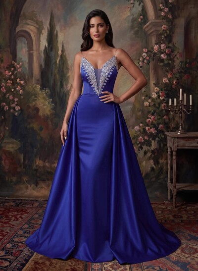 Elegant V-Neck Overskirt Sweep Train Matte Satin/Sequined Evening Dresses