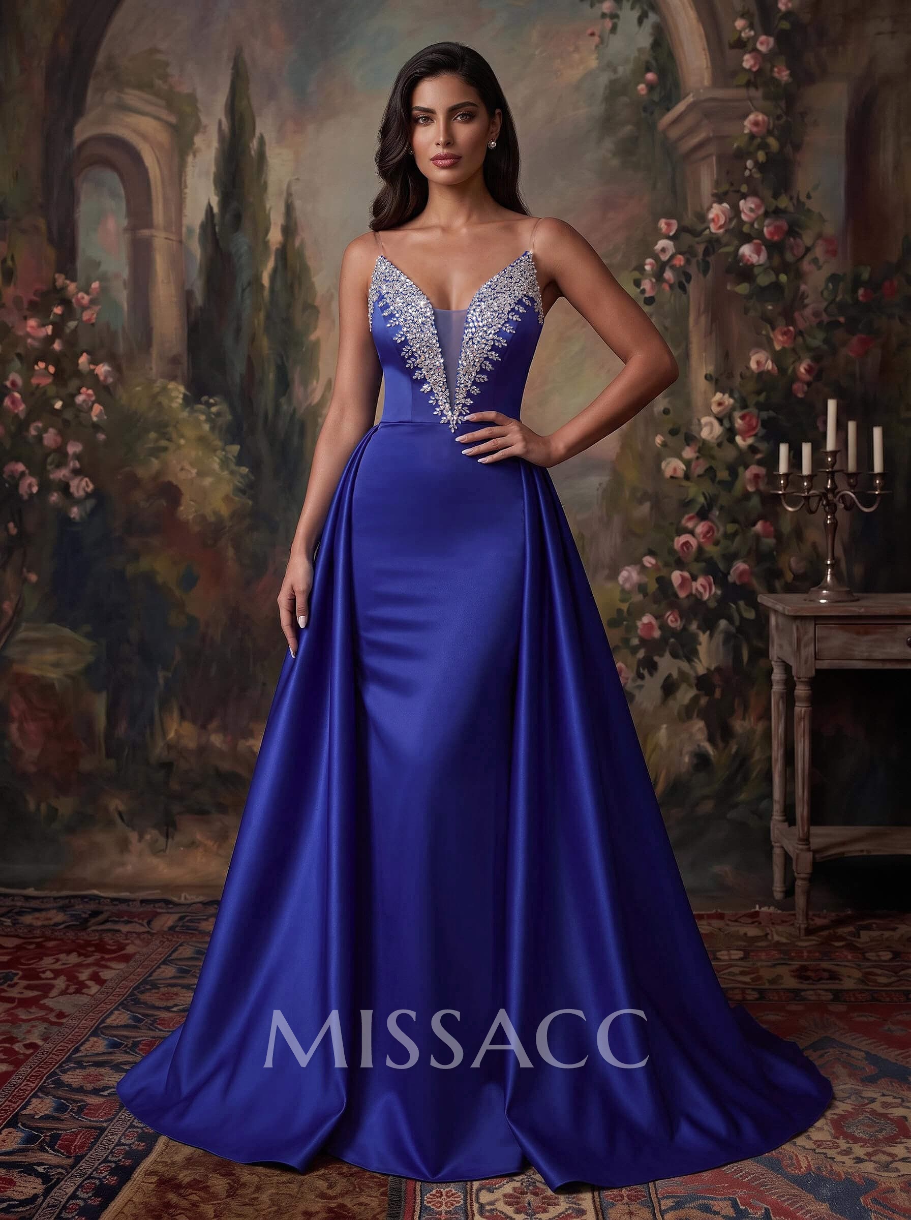 Elegant V-Neck Overskirt Sweep Train Matte Satin/Sequined Evening Dresses