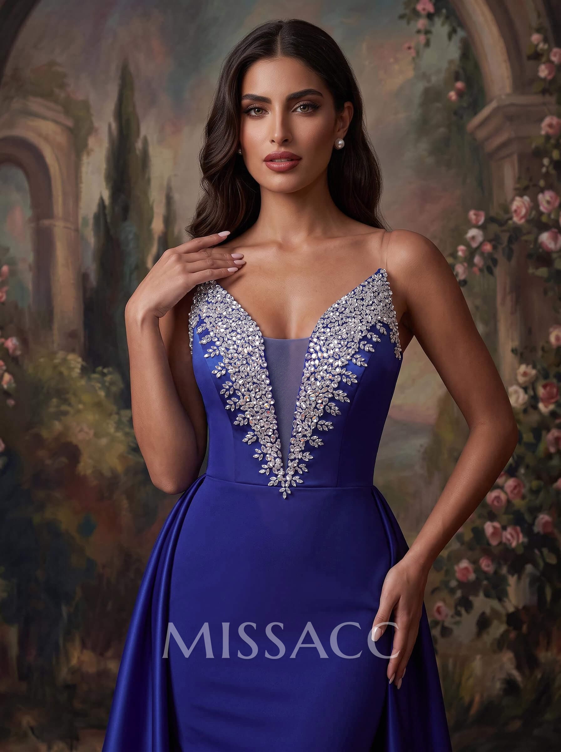 Elegant V-Neck Overskirt Sweep Train Matte Satin/Sequined Evening Dresses