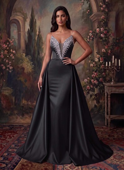 Elegant V-Neck Overskirt Sweep Train Matte Satin/Sequined Evening Dresses