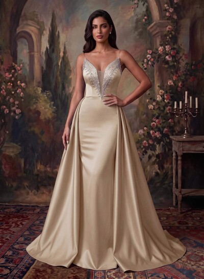 Elegant V-Neck Overskirt Sweep Train Matte Satin/Sequined Evening Dresses