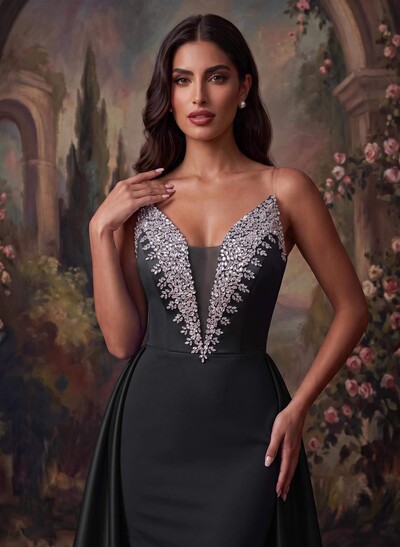 Elegant V-Neck Overskirt Sweep Train Matte Satin/Sequined Evening Dresses