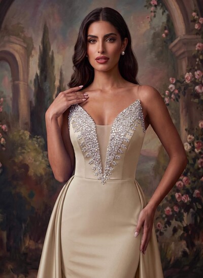 Elegant V-Neck Overskirt Sweep Train Matte Satin/Sequined Evening Dresses