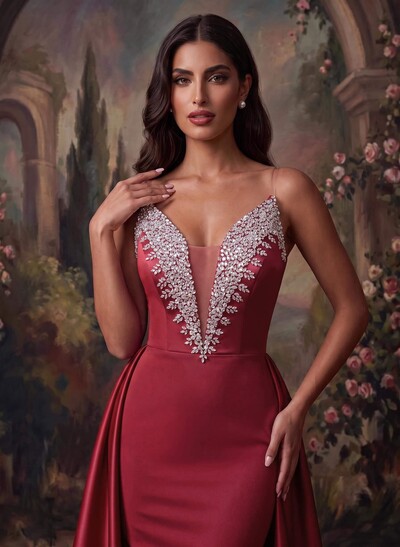 Elegant V-Neck Evening Gown with Overskirt and Sweep Train in Matte Satin and Sequins