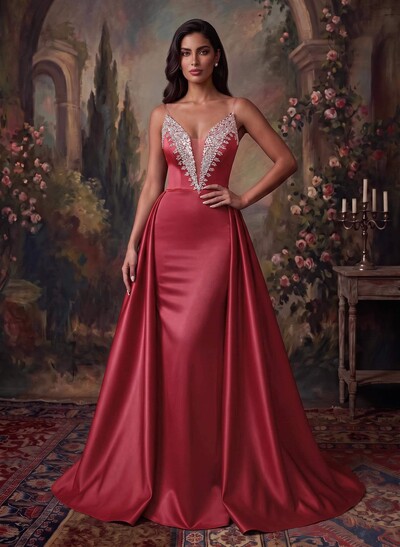 Elegant V-Neck Evening Gown with Overskirt and Sweep Train in Matte Satin and Sequins