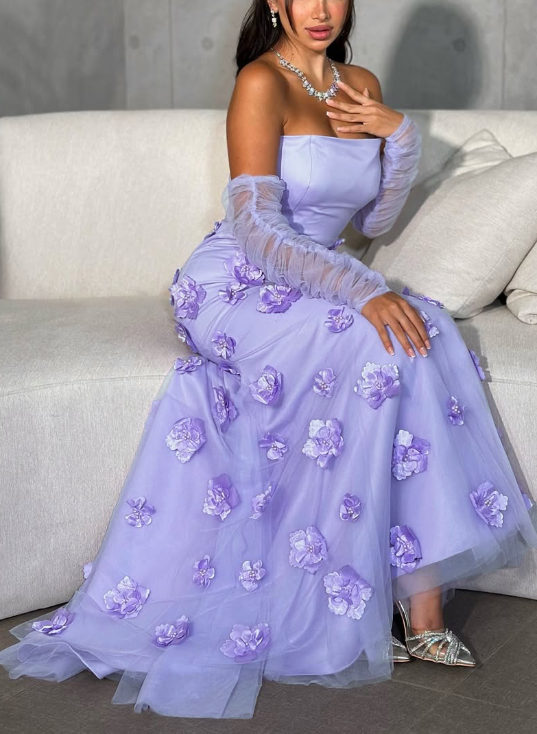 Dreamy Detachable Sleeves Flower(s) Satin/Tulle Evening Dresses