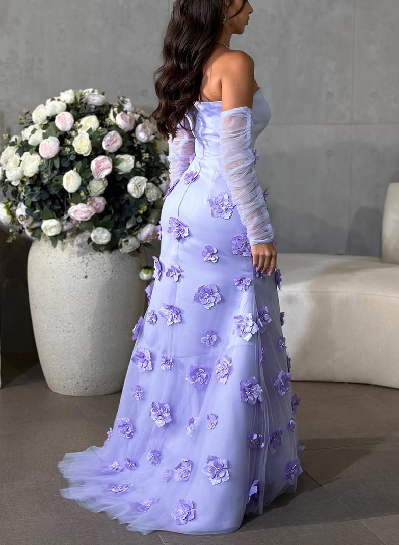 Dreamy Detachable Sleeves Flower(s) Satin/Tulle Evening Dresses