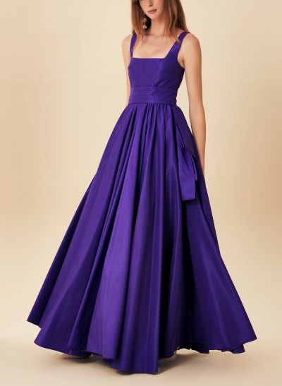 Elegant Square Neckline Regular Straps A-Line Floor-Length Satin Evening Dresses