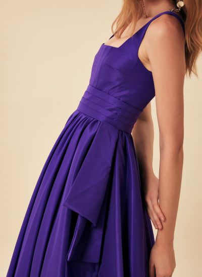 Elegant Square Neckline Regular Straps A-Line Floor-Length Satin Evening Dresses