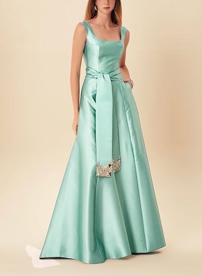 Elegant Square Neckline A-Line Sweep Train Satin Evening Dresses With Rhinestone