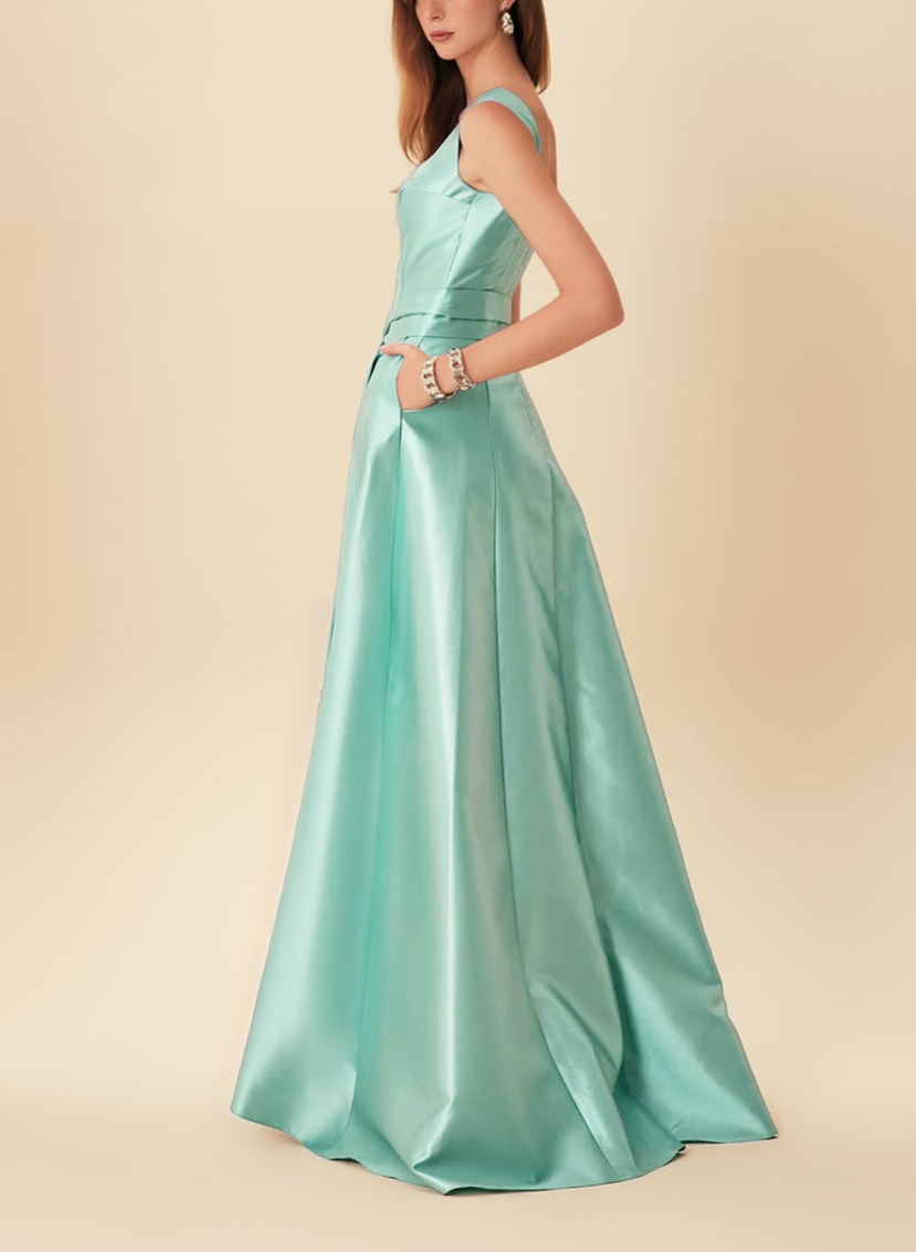 Elegant Square Neckline A-Line Sweep Train Satin Evening Dresses With Rhinestone