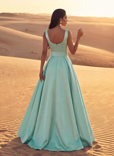 Elegant Square Neck A-Line Satin Evening Gown With Diamanté Detailing And Sweep Train