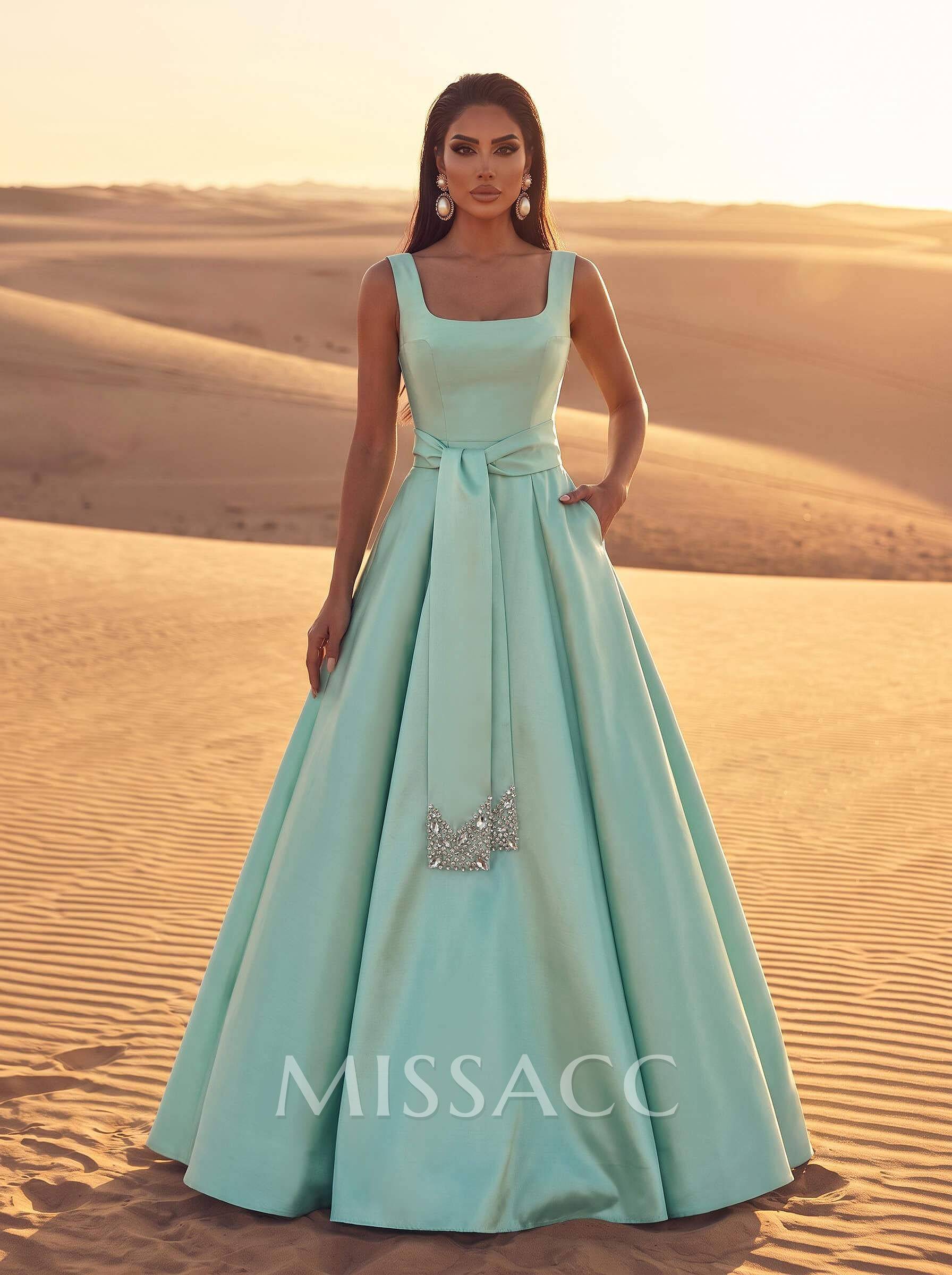Elegant Square Neckline A-Line Sweep Train Satin Evening Dresses With Rhinestone