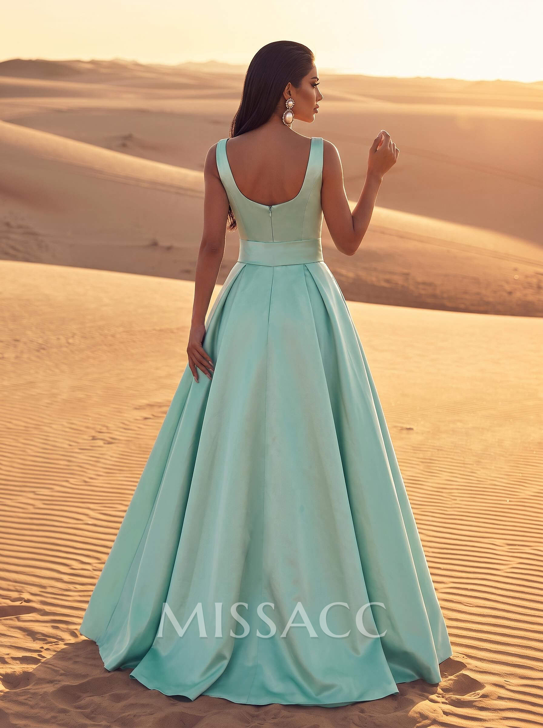 Elegant Square Neckline A-Line Sweep Train Satin Evening Dresses With Rhinestone