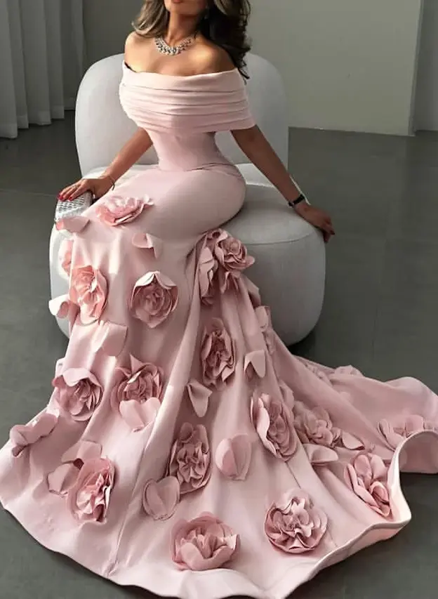Sleek Mermaid Off-Shoulder Puff-Sleeve Satin Black Floor-Length Evening Dress for Women main image 1