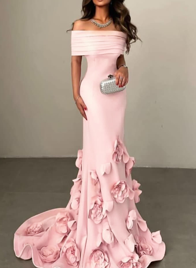 Flattering Off-The-Shoulder Flower(s) Mermaid Sweep Train Elastic Satin Evening Dresses