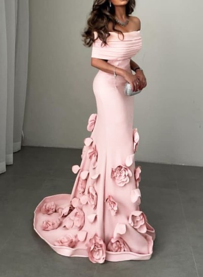 Flattering Off-The-Shoulder Flower(s) Mermaid Sweep Train Elastic Satin Evening Dresses