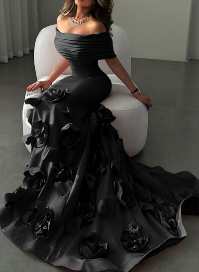 Flattering Off-The-Shoulder Flower(s) Mermaid Sweep Train Elastic Satin Evening Dresses