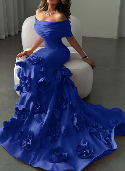 Flattering Off-The-Shoulder Flower(s) Mermaid Sweep Train Elastic Satin Evening Dresses
