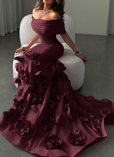 Flattering Off-The-Shoulder Flower(s) Mermaid Sweep Train Elastic Satin Evening Dresses
