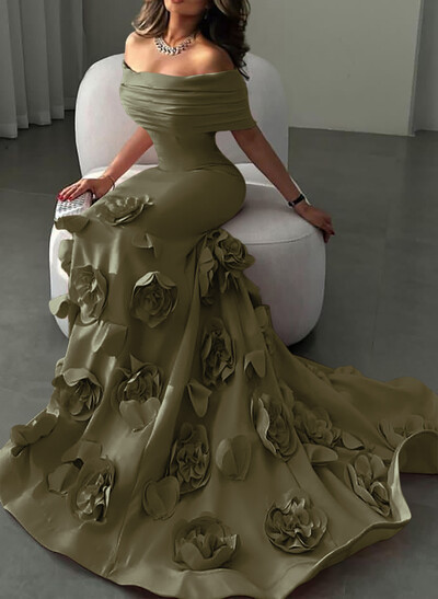 Flattering Off-The-Shoulder Flower(s) Mermaid Sweep Train Elastic Satin Evening Dresses