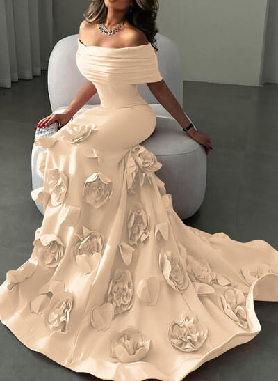 Flattering Off-The-Shoulder Flower(s) Mermaid Sweep Train Elastic Satin Evening Dresses