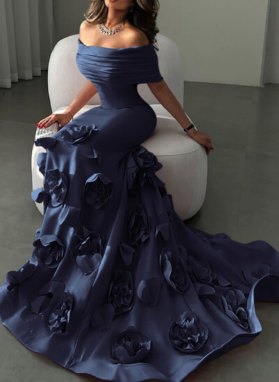 Flattering Off-The-Shoulder Flower(s) Mermaid Sweep Train Elastic Satin Evening Dresses